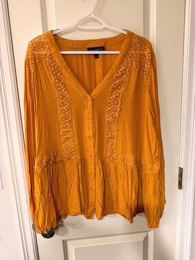 Lane Bryant Mustard Button-Front Lace Trim Blouse